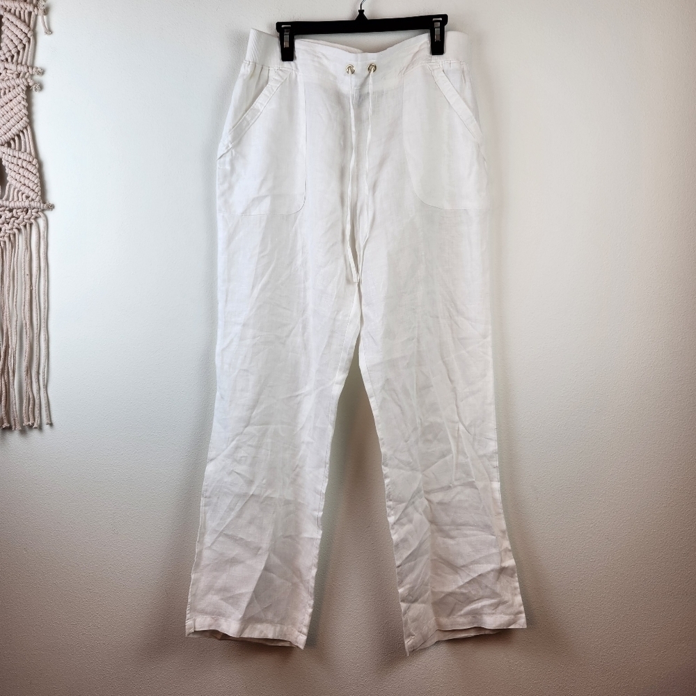 ELLEN TRACY linen pull on drawstring pants Size Large White